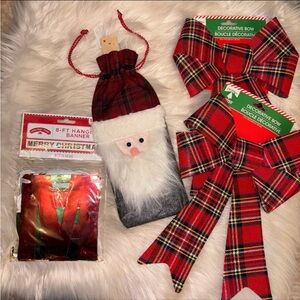 Christmas decor lot red tartan plaid bows Merry Christmas banner Santa Claus